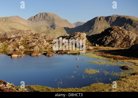 Giebel und Innominate Tarn auf Heuhaufen an einem strahlend blauen Himmel Tag im englischen Lake District Stockfoto