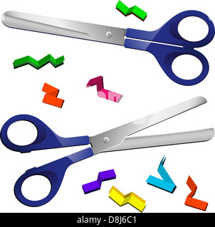 Zwei Scheren mit Papierstücke schneiden. Bearbeitbares Vektor-Bild Stockfoto