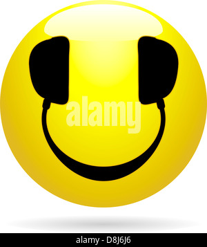 Glänzende Smiley-Symbol mit Kopfhörer anstelle von Augen und Mund Stockfoto