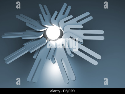 Konzept der allgemeinen Idee oder Brainstorming. Runde Array schematische 3d Menschen mit einem Lichtkopf Stockfoto