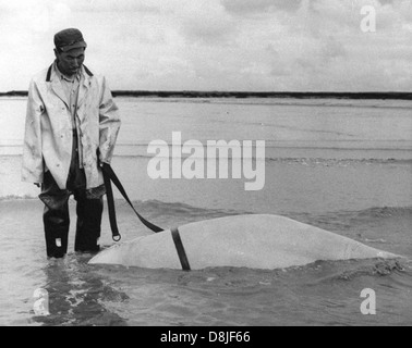 Mann mit Toten Beluga-Wal. Stockfoto