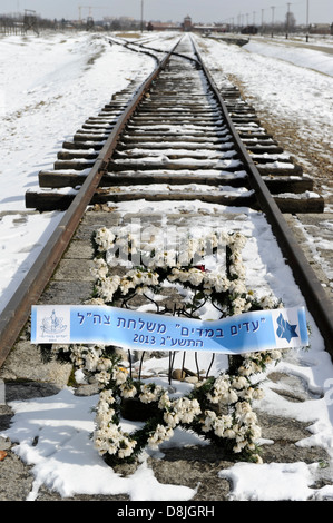 Polen Auschwitz Auschwitz Birkenau II, Konzentrationslager der Deutschen NS-Regime, in denen 1 Milliarden Juden, wo durch die SS ermordet, Trauerkranz mit Blumen und jüdischen David Stern auf die Gleise, auf der Juden aus ganz Europa in den Zügen von Hitlers Massenmorde geschlachtet werden angekommen Stockfoto