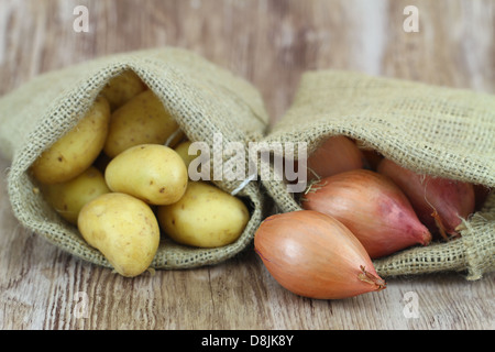 Neue Kartoffeln und Schalotten in Jutesäcke, Nahaufnahme Stockfoto