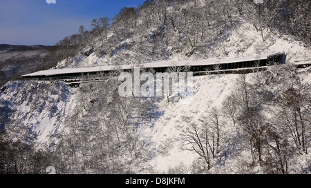 Eine geschützte Straße R341 quer durch den Berg zu Tamagwa Onsen Stockfoto