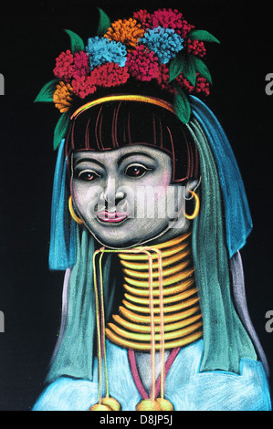 Northern Thailand Padaung Bergvolk Long Neck Karen Stamm Kunst Malerei Frau Frauen Kayan Thai schwarzen Hintergrund Chiang Mai Stockfoto
