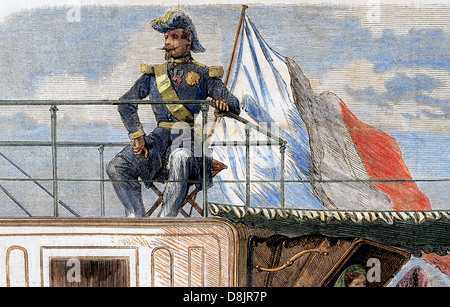 Napoleon III. (1808-1873). Französischer Kaiser (1852-1870.) an Bord der Aigle. Farbige Gravur. Stockfoto