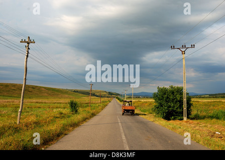 Rumänische Landstraße in der gelben Sonne Stockfoto