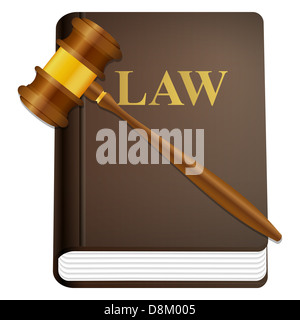 Gesetzbuch und Hammer auf einem weißen Hintergrund. Stockfoto