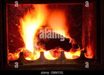 Nahaufnahme mit brennenden Log in Kamin erschossen. Stockfoto
