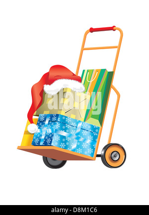 Warenkorb mit Weihnachtsgeschenke und Geschenke. Isoliert auf weißem Hintergrund. Stockfoto
