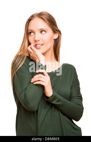 Schöne blonde Frau in ihren Gedanken verloren Stockfoto