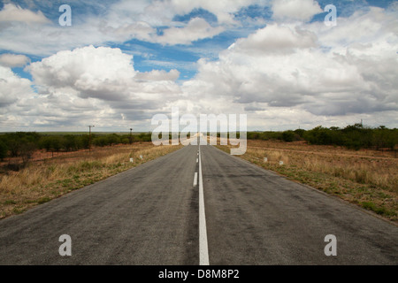 Eine Wolke gefüllt Himmel auf einer nie endenden Straße in Namibia Stockfoto