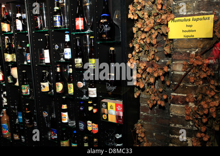 Belgien Bier Wand, Shop Display, Brügge City, West-Flandern in der belgischen Region Flandern. Stockfoto