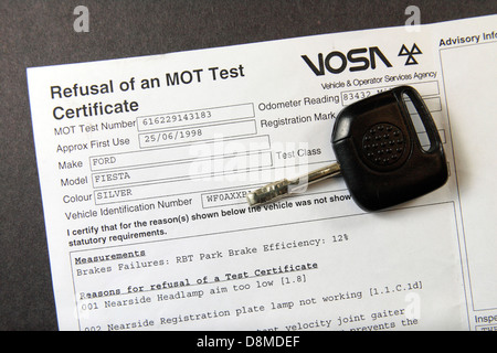 Britische Weigerung eines MOT Test-Zertifikat von VOSA (Fahrzeugführer & Services Agency) im Mai 2013 herausgegeben. Stockfoto