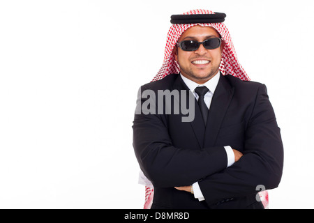 wohlhabenden arabischen Geschäftsmann trage Sonnenbrille auf weißem Hintergrund Stockfoto