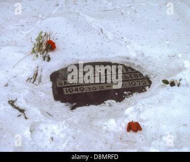 2. Februar 1987 - Moskau, RU - jemand den Schnee weg gebürstet und ließ einige Blumen auf das Grab von Josef Stalinâ€™ s Enkel, Vasily Vasilyevich Stalin (1949-1972), in Nowodewitschi-Friedhof. Angrenzend an das Nowodewitschi-Kloster aus dem 16. Jahrhundert. Es ist der bekannteste Friedhof in Moskau. Sein Vater war Vasily Josefowitsch Dzhugashvili, auch bekannt als Vasily Iosifovich Stalin, (1921 Â €"1962), Sohn von Joseph Stalin und seine zweite Frau Nadezhda Alliluyeva... Seine Mutter, Katya Timoshenko, (1923 – 1988) heiratete Vasily Josefowitsch 1946 starb im Jahr 1988. (Kredit-Bild: © Arnold Drapkin/ZUMAPRESS.com) Stockfoto