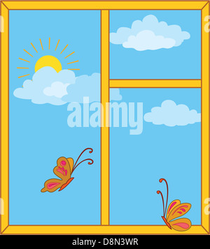 Fenster mit Himmel, Sonne und Schmetterlinge Stockfoto