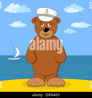 Teddybär Kapitän am Meer Stockfoto