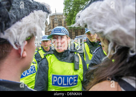 London, UK. 1. Juni 2013. Eine kleine Gruppe von der BNP versuchen, um nach der Schließung von Moscheen und der Deprotation der radikalen geistlichen Fragen zu marschieren.  Ihre intented Route nach Whitehall war aber von linken Demonstranten außerhalb der Häuser des Parlaments blockiert werden.  Am Ende kommt ein Protest von Tierliebhaber, zur Unterstützung der Dachs und gegen sie wird getötet, mit der Anti-faschistischen Gruppe durcheinander. Westminster, London, UK. © Guy Bell/Alamy Live-Nachrichten Stockfoto