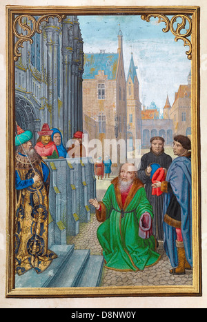 Simon Bening, Joseph von Arimathea vor Pilatus 1525-1530 Öl auf Leinwand. Tempera-Farben, Goldfarbe und Blattgold auf Pergament. Stockfoto