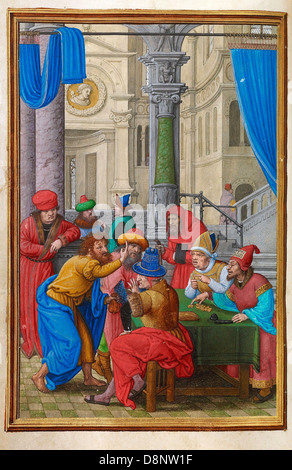 Simon Bening, Judas empfangen die dreißig Pieces of Silver-1525-1530-Öl auf Leinwand. Tempera-Farben, Goldfarbe und Blattgold Stockfoto