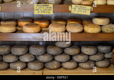 Käse auf dem Display in einem Shop in Pienza, Italien. Stockfoto