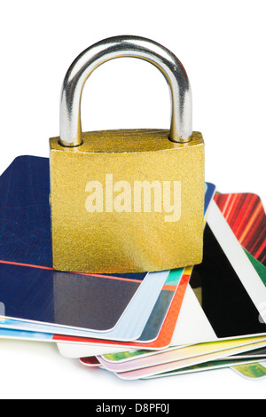 Graue Vorhängeschloss und Kreditkarten. Isolierte Studio gedreht. Stockfoto