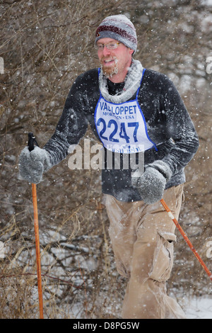 Ein Konkurrent Ski in der Mora-Vasaloppet während eines Schneesturms am 10. Februar 2013 in der Nähe von Mora, Minnesota. Stockfoto