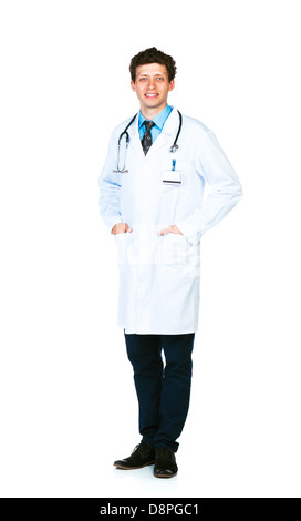 Voller Länge Porträt des Arztes stehen auf einem weißen Hintergrund Stockfoto