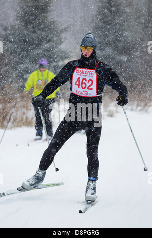 Ein Konkurrent Ski in der Mora-Vasaloppet während eines Schneesturms. Stockfoto