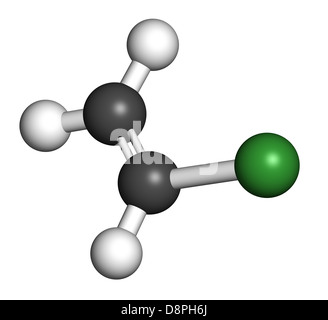 Vinylchlorid, Polyvinylchlorid (PVC) Kunststoff Baustein. Atome werden als Kugeln mit konventionellen Farbkodierung dargestellt. Stockfoto