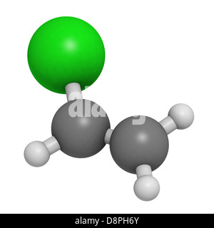 Vinylchlorid, Polyvinylchlorid (PVC) Kunststoff Baustein. Atome werden als Kugeln mit konventionellen Farbkodierung dargestellt. Stockfoto