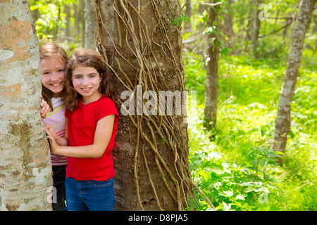 Kinder Schwester Freunde spielen Baumstämme in den Dschungel Park Wald im freien Stockfoto