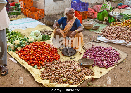 Indische Gemüse Freiluftmarkt in Mokka Dorf, Madya Pradesh, Indien Stockfoto