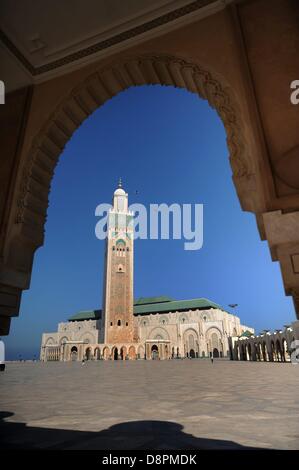 Der Hassan II Moschee (Arabisch:???????) ist eine religiöse Gebäude in Casablanca, Marokko. Es ist die größte Moschee des Landes und die 7. größte Moschee der Welt. Sein Minarett ist das höchste auf 210 m (689 ft) der Welt. Foto Stockfoto