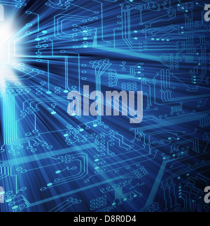 Moderne Leiterplatten mit Lichtstrahlen mit einem blauen Thema durchschimmern. Schön, dass elektronischen Technologie darstellen. Stockfoto