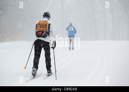 Wettbewerber-Ski in der Mora-Vasaloppet während eines Schneesturms am 10. Februar 2013 in der Nähe von Mora, Minnesota. Stockfoto