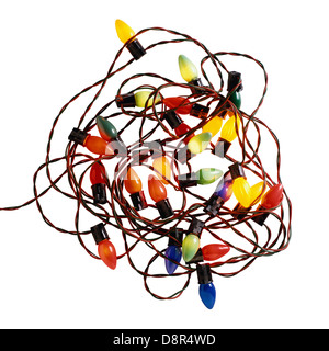 Bunte Girlanden Weihnachten Glühbirnen auf weißem Hintergrund. Stockfoto