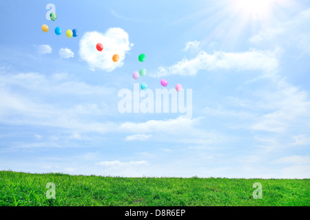 Grünland und Himmel mit fliegenden Ballons Stockfoto
