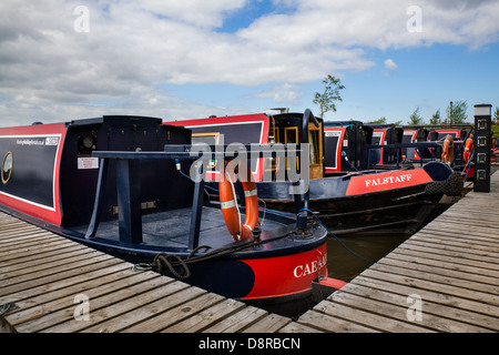 Reihen von klassischen Shakespeare-Ferienvermietungshäuschen mit Namen Boote, die auf Trent und Mersey Canal festgemacht sind; Anlegestellen an der Mercia Marina, Willington, Derbyshire, Großbritannien Stockfoto