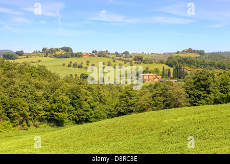 Panorama des Val d ' Orcia mit Bauernhof befindet sich in der Nähe von Montepulciano, Toskana, Italien Stockfoto