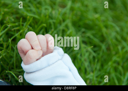 Baby es Hand, Rasen im Hintergrund Stockfoto