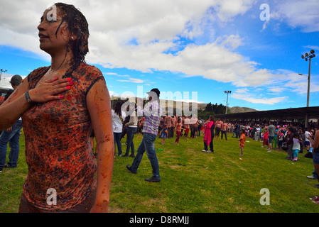 Kolumbianische Festival Tomatina inspiriert, von Burgos in Spanien, Sutamarchan, Boyacá, Kolumbien, Südamerika Stockfoto