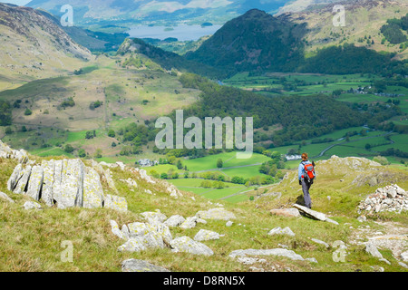 Eine weibliche Wanderer vom Gipfel des Wasdale in Richtung Thornythwaite fiel im Lake District hinunter. Stockfoto