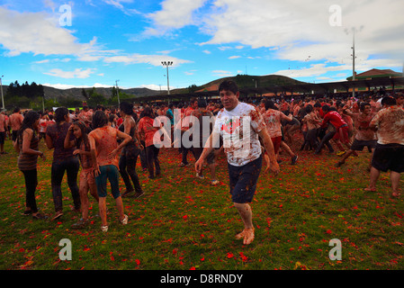 Kolumbianische Festival Tomatina inspiriert, von Burgos in Spanien, Sutamarchan, Boyacá, Kolumbien, Südamerika Stockfoto