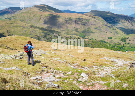 Eine weibliche Wanderer mit dem Fotografieren beim Abstieg vom Gipfel des Wasdale in Richtung Thornythwaite fiel im Lake District Stockfoto