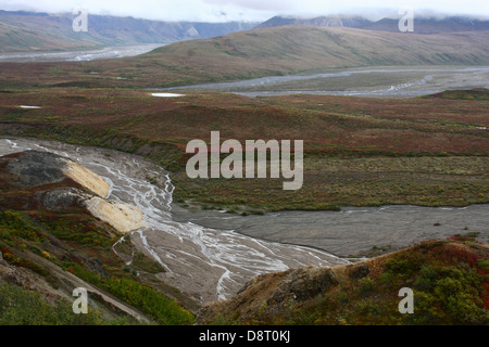 Ein Blick auf die Toklat River vom Polychrome Pass übersehen entlang Wonder Lake Road im Denali Nationalpark, Alaska, USA Stockfoto