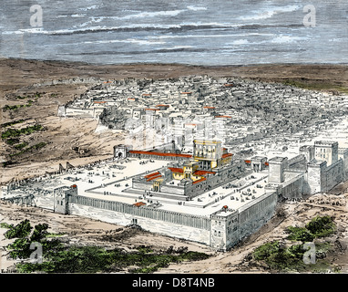 Tempels und der Stadt Jerusalem, als Teil des Römischen Reiches, über die Zeit von Jesus. Hand - farbige Holzschnitt Stockfoto