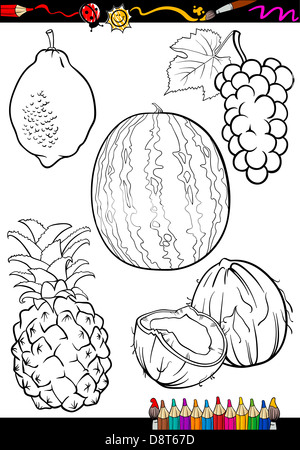 Färbung, Buch oder Seite Cartoon Illustration der fünf schwarz-weiß Früchte essen Objekte Set Stockfoto