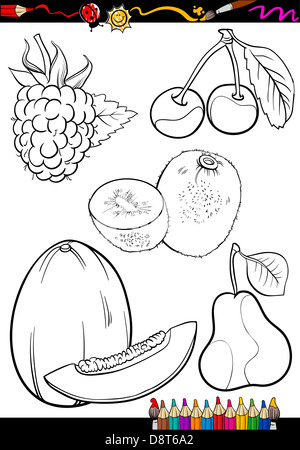 Malbuch oder Seite Cartoon Illustration der verschiedenen schwarz-weiß Früchte essen Objekte Set Stockfoto